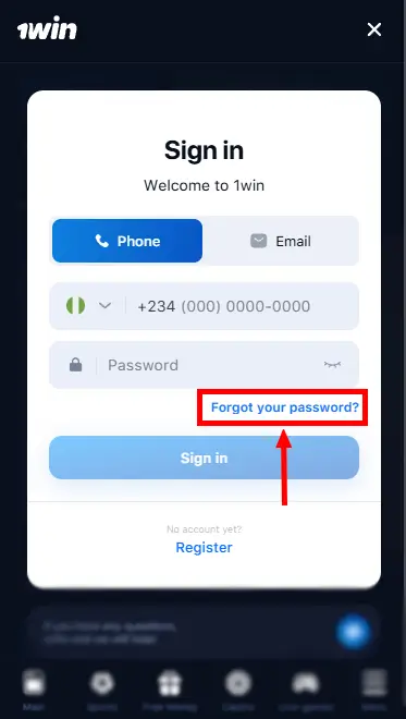 1win iOS App Nigerisa Forgot Password Button