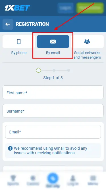 1xBet - E-mail Registration In Mobile App