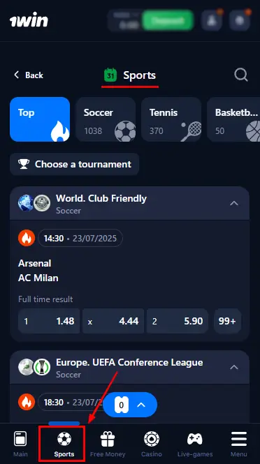 1win App Sports Section