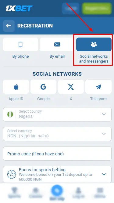 1xBet - Registration By Social Networks