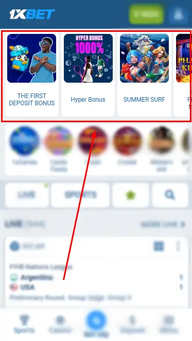 1xBet - Bonuses On Home Page