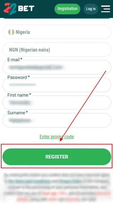 22Bet Register Button Full Form