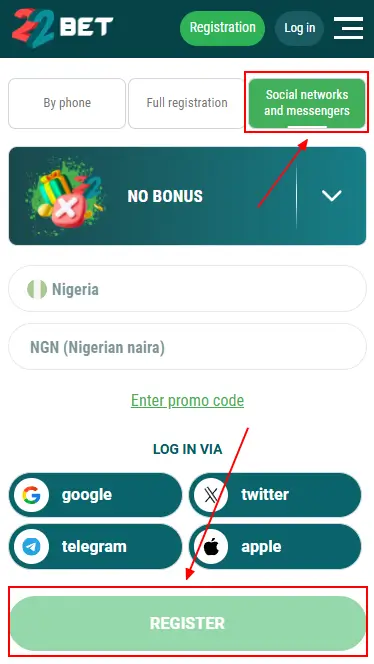 22Bet Regitration Form By Social Networks