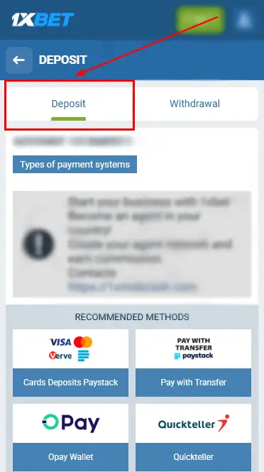 1xBet - Deposit Page In Mobile App