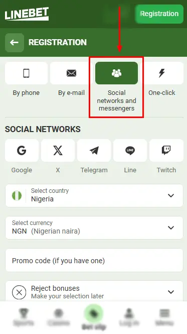 Linebet Social Media Registration Form