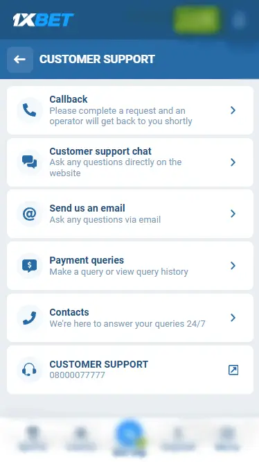 1xBet - Customer Support In Mobile App