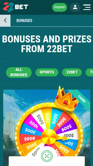 22Bet Bonuses On The Bookmaker's Home Page In The App