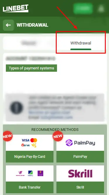 Linebet Withdraw Page APK