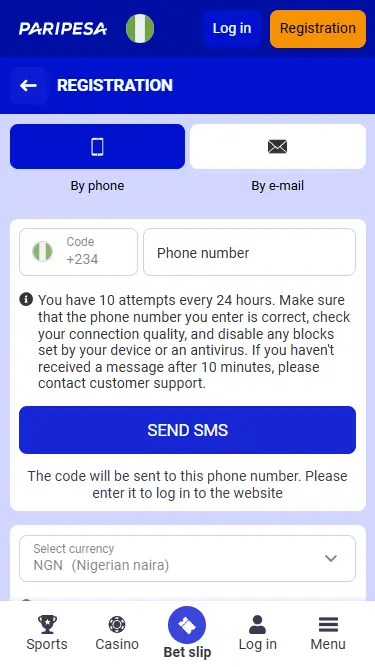 Paripesa Registration Process via Phone: First Step