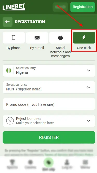 Linebet Registration Form By One-Click
