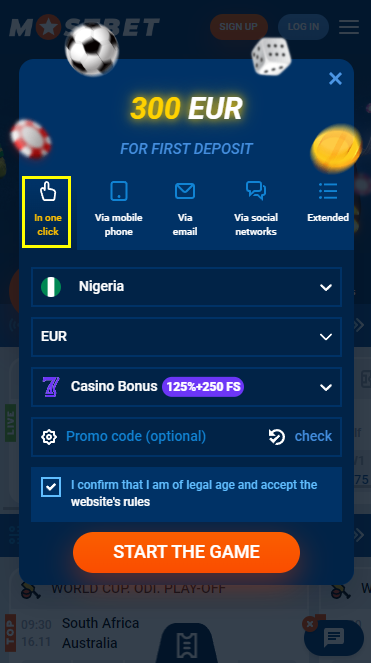 Registration at Mostbet mobile version