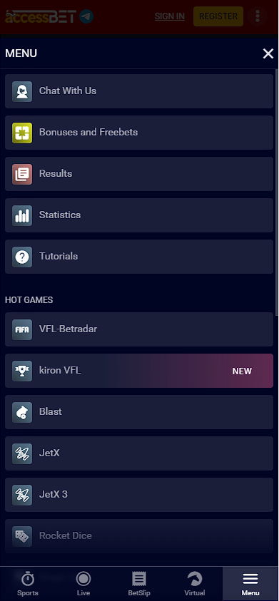 Accessbet mobile version menu