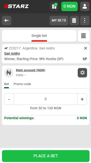 888Starz Betslip to Place Horse Racing Bet