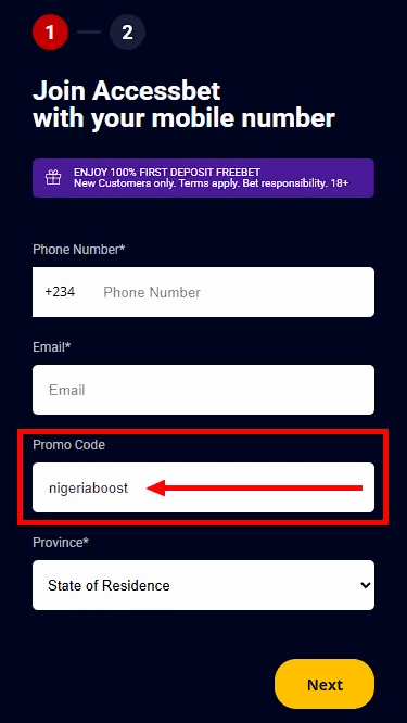 Accessbet Promo Code Field