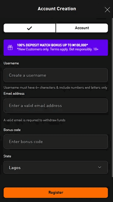 Account creation on LiveScoreBet