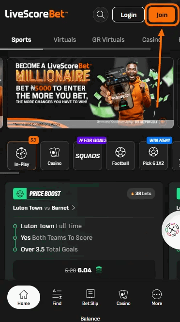 LiveScore Bet join button