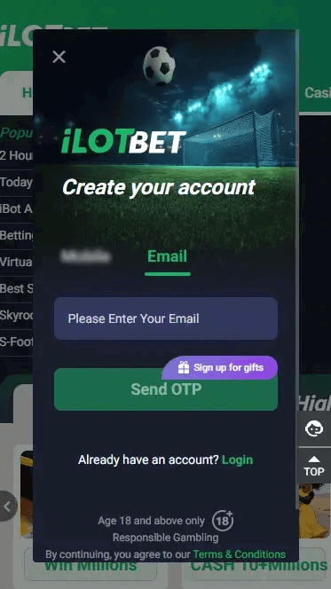 ILOTbet registration via email