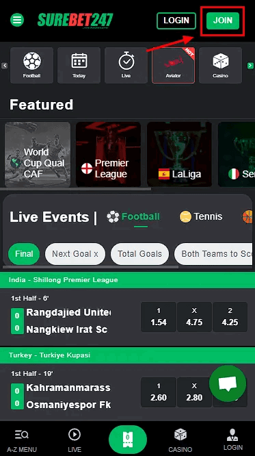 Surebet247 Registration Button