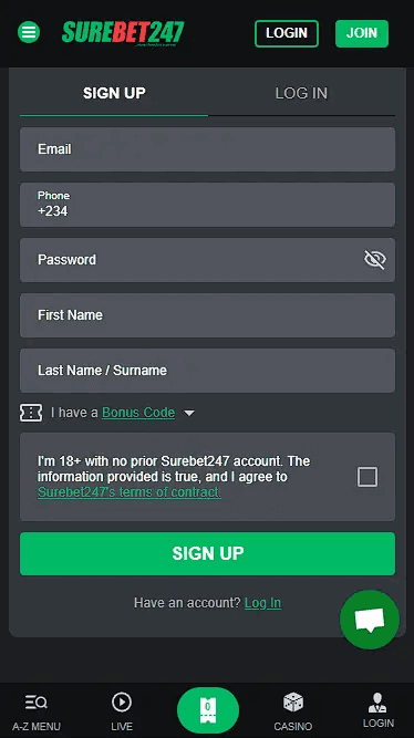 Surebet247 Registration Form