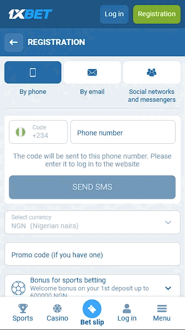 1xbet Registration Field