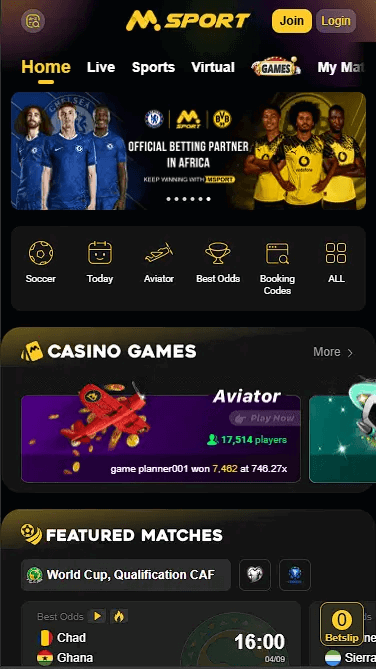 MSport Mobile App: Main Page