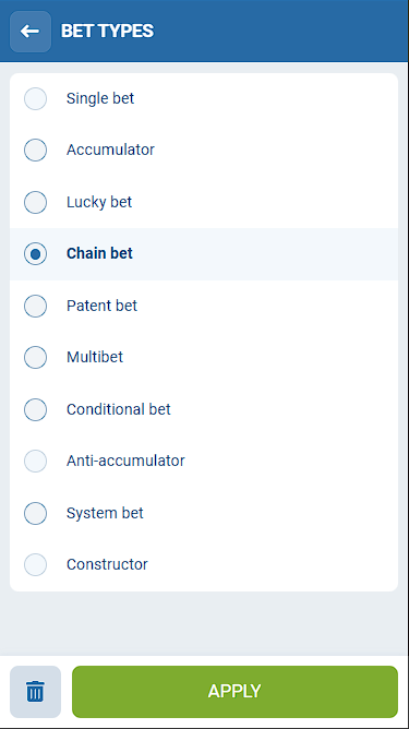 1xBet Menu Showing Bet Type Options