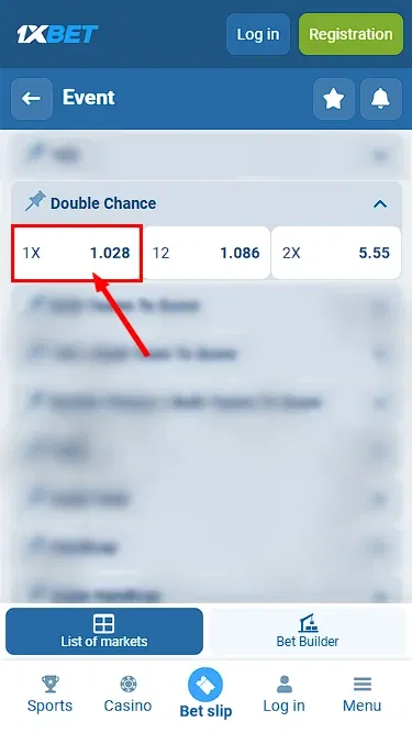 Double Chance betting option “1X”