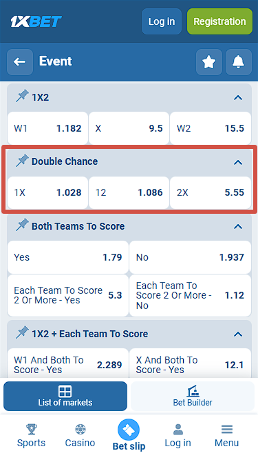 1xBet Double Chance Option
