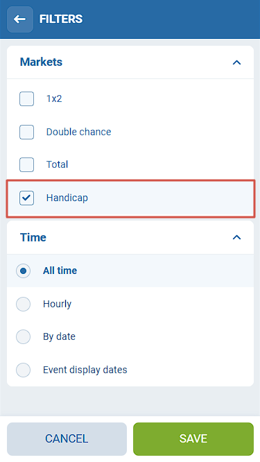 1xBet Filter Menu With Handicap Selected