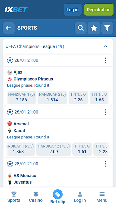 1xBet Sports Event Listings With Handicap Odds