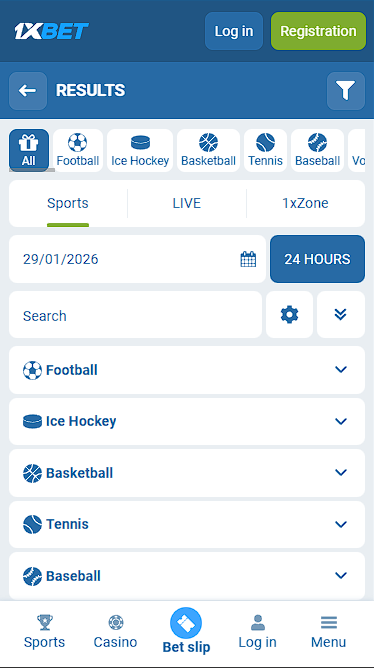 1xBet Sports Results Section