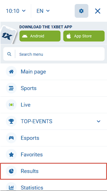 1xBet "Results" Button