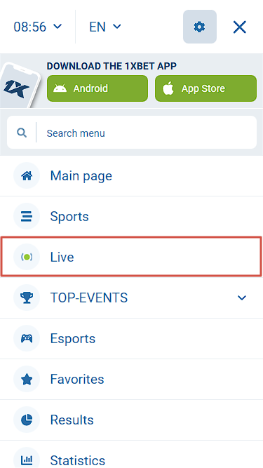 1xBet Mobile App Menu